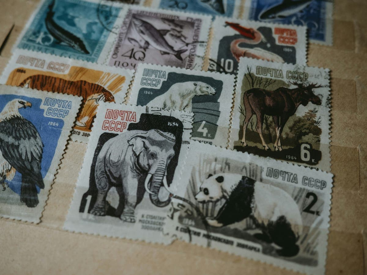 Vintage postage stamps with animal illustrations